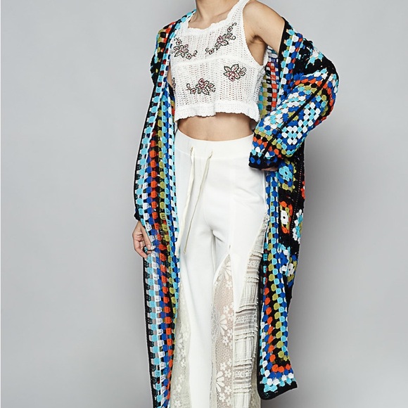 POL NEW MULTICOLOR CROCHET CARDIGAN SWEATER DUSTER black boho bohemian - Picture 3 of 5